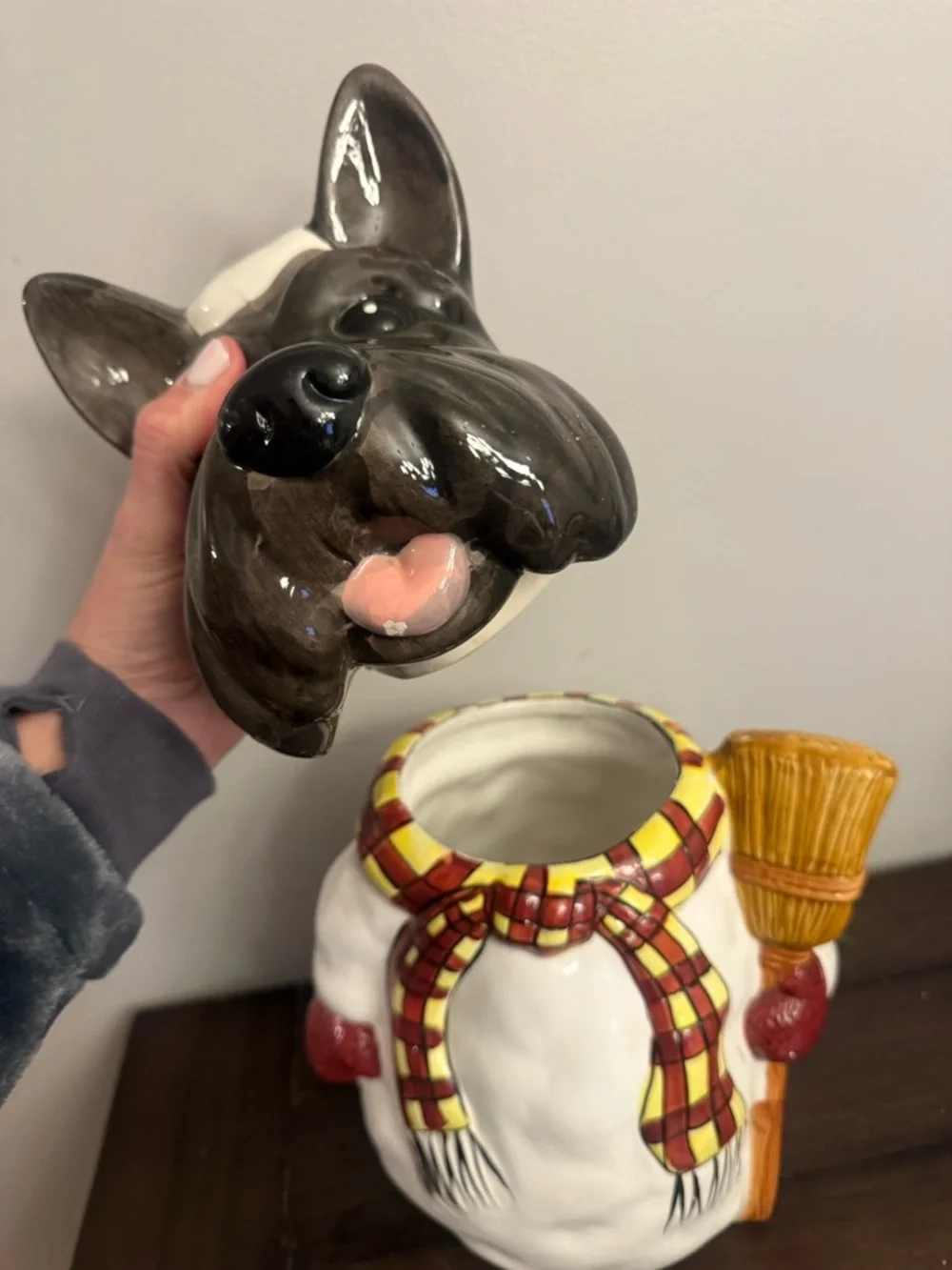 Hand-Painted Black and White Scottie Dog Holiday Figurine with Red Accents